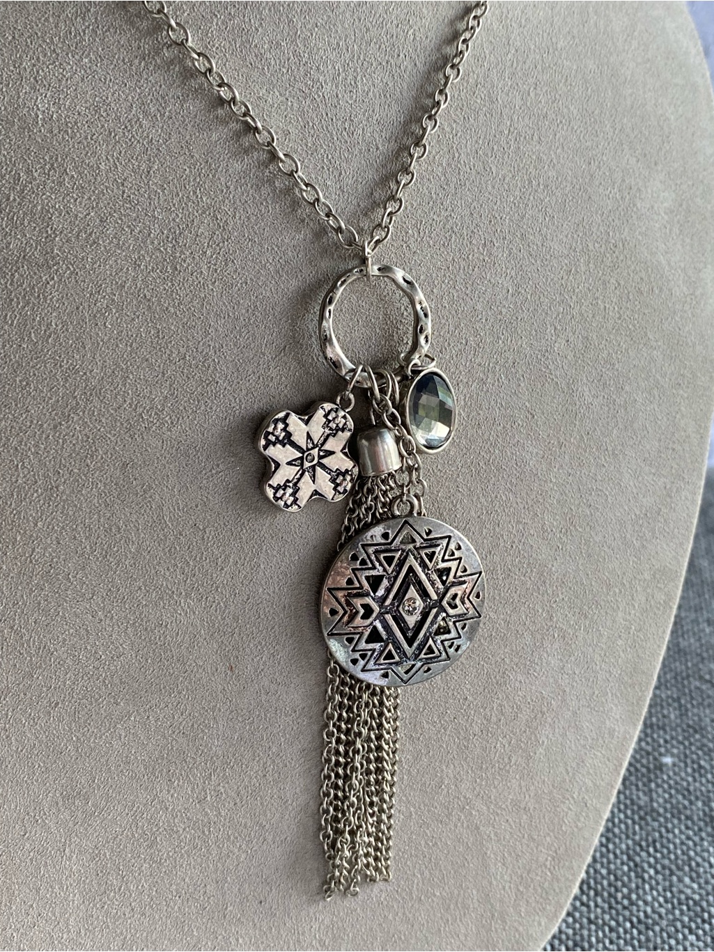 Silver-Tone Geometric Medallion Tassel Necklace